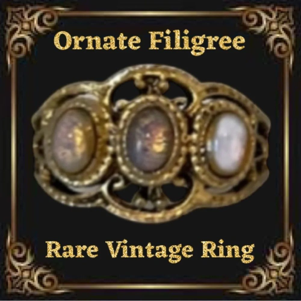 Elegant Vintage Ring 3 Stone Bezel Opal Moonstone Delicate Ornate Gold Filigree